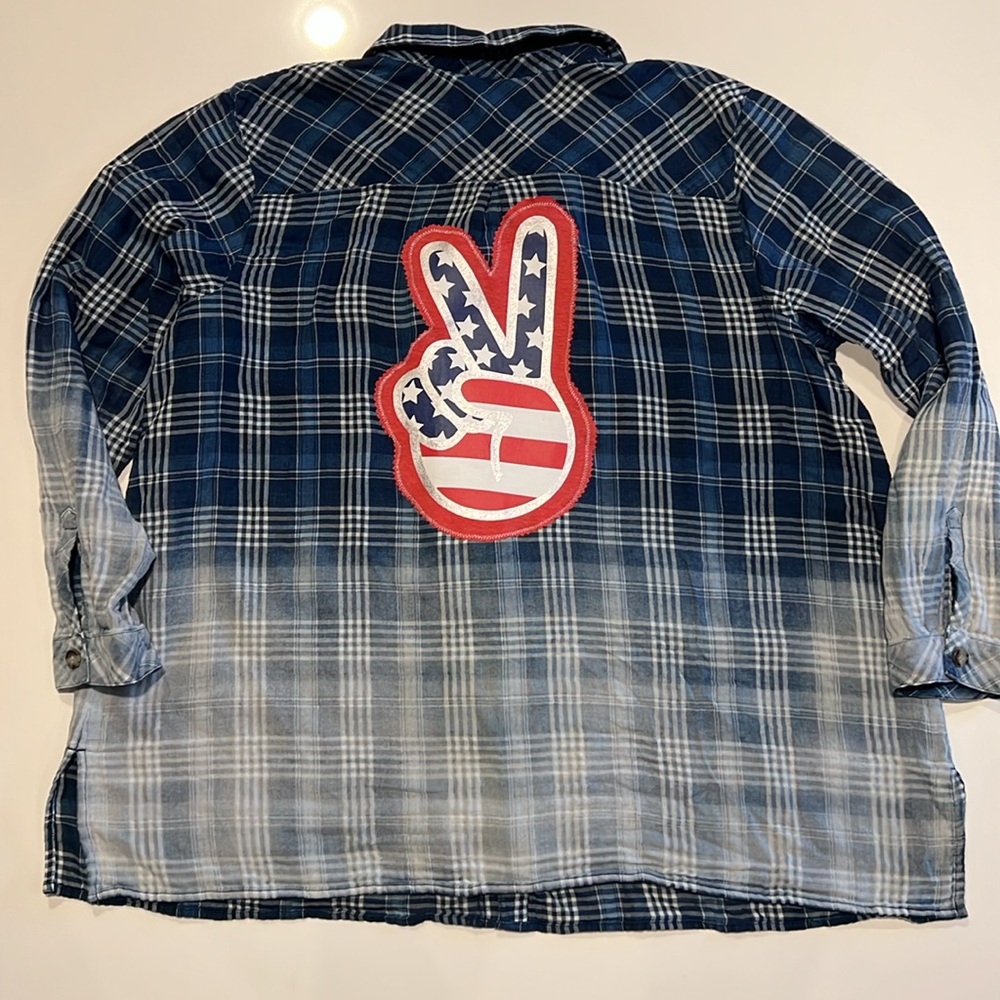 🇺🇸 July 4th Boho Shirt | Upcycled Bleach-Dyed Plaid | Womens 2XL OFAK